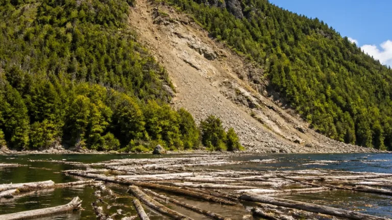 Derrumbe en el cerro Macal dejó árboles flotando en el Nahuel Huapi y obliga a extremar precauciones