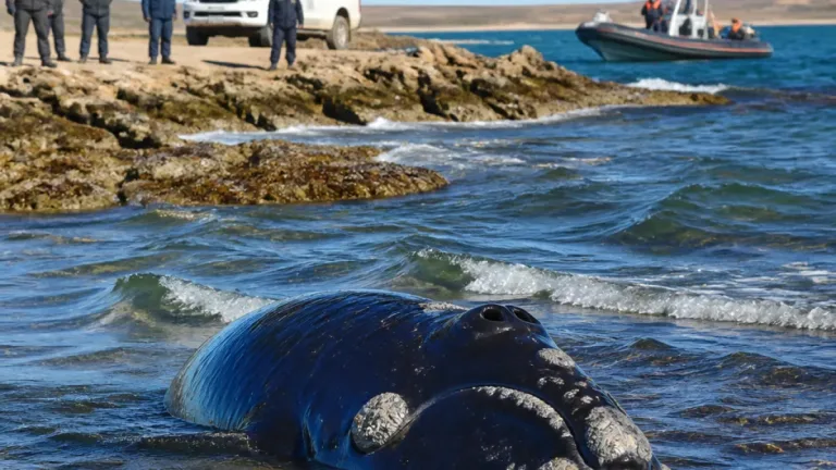 Una ballena franca austral juvenil varó en San Antonio Este y logró volver al mar tras el aumento de la marea