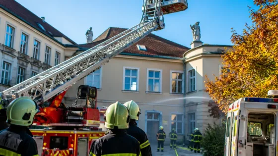 Großübung in Horn: Drehleiter aus Waidhofen/Thaya rettet zwei Personen vom Dach