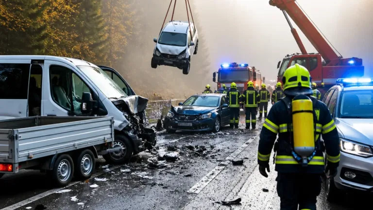 Nebelunfall auf der L222 bei Tamsweg: Kleinbus mit Anhänger verkeilt sich mit zwei Pkw
