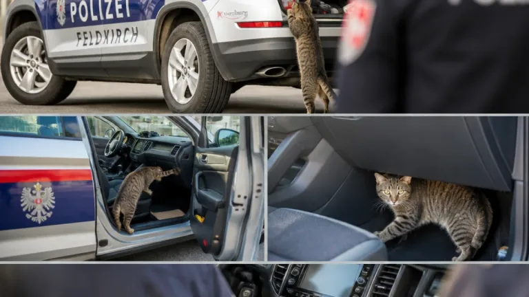 Neugierige Katze erkundet Streifenwagen der Polizeiinspektion Feldkirch