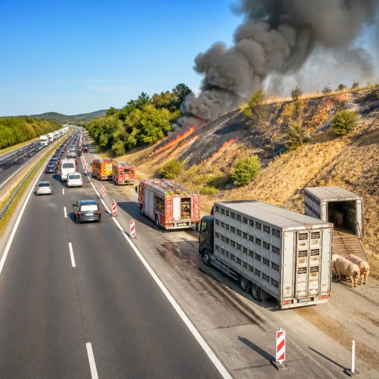 Geplatzter Reifen an Viehtransporter löst Böschungsbrand und stundenlange Sperre der A2 aus