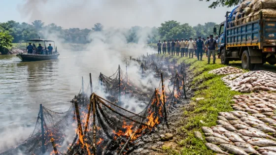 নড়াইলের কালিয়ায় অভিযান: অবৈধ করোন্ট জাল জব্দ ও ধ্বংস, ইলিশ সংরক্ষণে উদ্যোগ