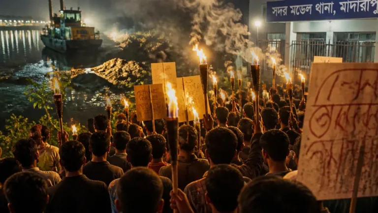 অবৈধ ড্রেজারে নদী ভাঙন-বাস্তুচ্যুতি রোধে মাদারীপুরে মশাল মিছিল
