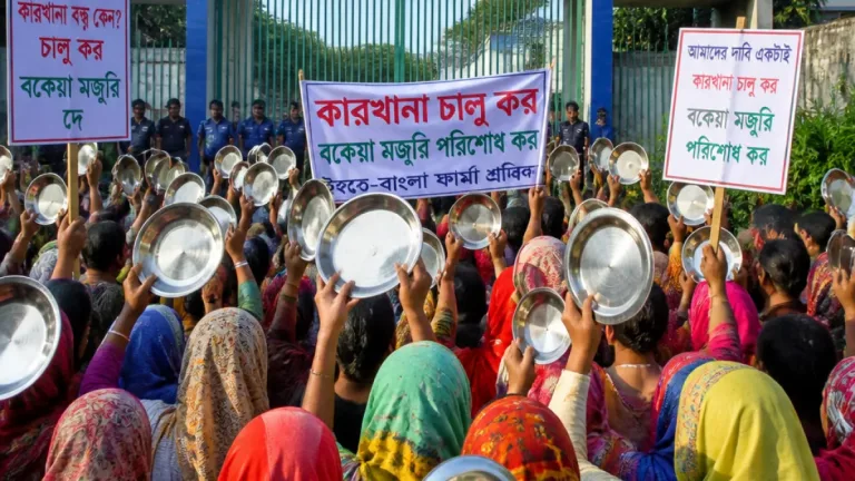 বরিশাল: ইন্দো-বাংলা ফার্মার শ্রমিকদের থালা হাতে ‘ভুখা মিছিল’, কারখানা খুলে দেয়ার দাবি