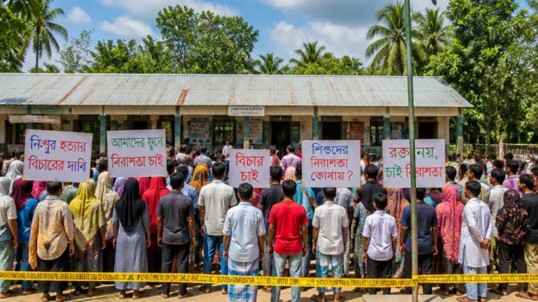 বেতনগীর গ্রামে পঞ্চম শ্রেণির ছাত্রীকে ধর্ষণচেষ্টার অভিযোগ; এরপর মারধরে দাঁত ভেঙে যাওয়ার প্রতিবাদে মানববন্ধন