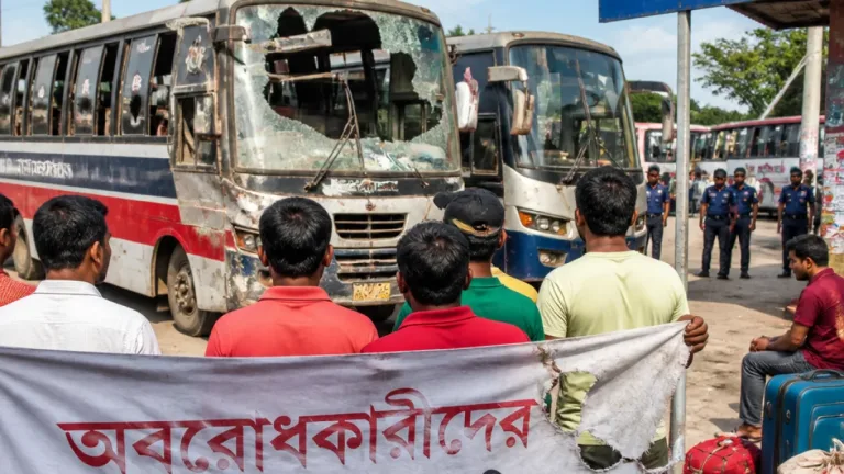 ভাঙচুর-হামলার প্রতিবাদে অনির্দিষ্টকালের জন্য জামালপুর-ঢাকা রুটে বাস বন্ধ