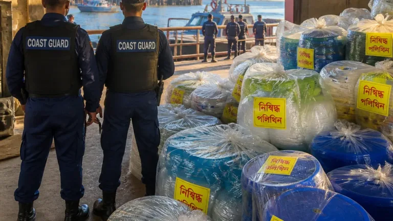 ভোলায় কোস্ট গার্ডের অভিযানে এক গোডাউন থেকে ১,৫০০ কেজি নিষিদ্ধ পলিথিন জব্দ