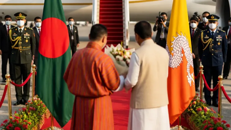 ভুটানের সম্রাটের যাত্রাবিরতিতেই সৌখিন বৈঠক: রাষ্ট্রপতির সঙ্গে বিমানবন্দর সাক্ষাৎ