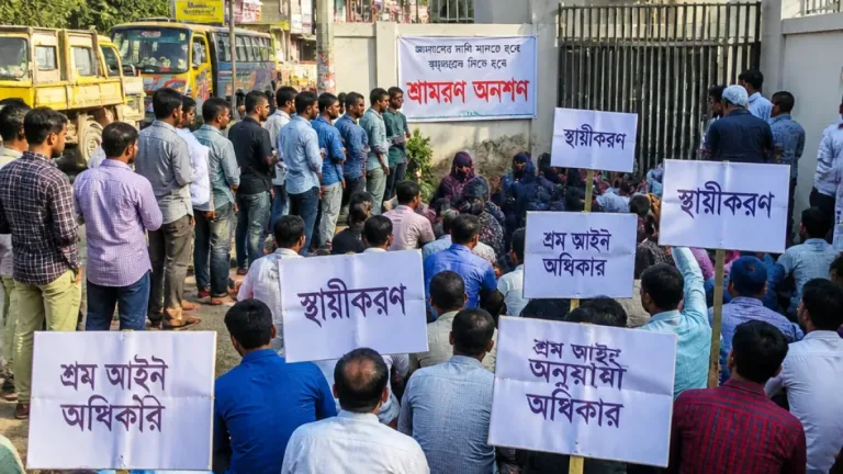 বিএটিবি আউটসোর্সিং কর্মীরা মেহেরপুরে বিক্ষোভ: স্থায়ীকরণ ও শ্রম আইনের আশ্বাস দাবি
