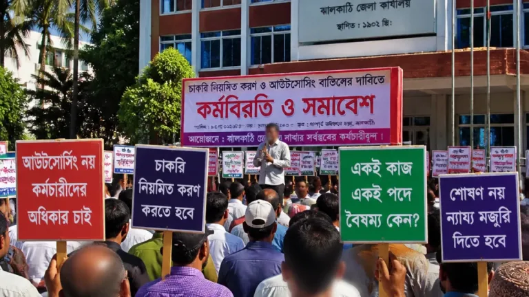 চাকরি নিয়মিতকরণ ও আউটসোর্সিং বন্ধে ঝালকাঠিতে গণপূর্ত কর্মচারীদের বিক্ষোভ