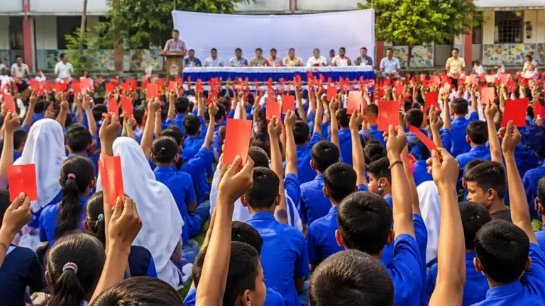 দেবীগঞ্জে শিক্ষার্থীরা মাদক ও স্মার্টফোন আসক্তিকে 'লাল কার্ড' দেখিয়ে শপথ নিল