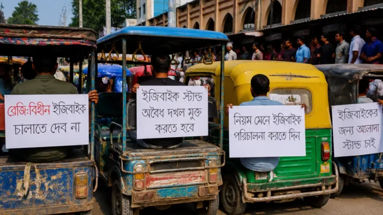 গাইবান্ধায় ইজিবাইক-অটোরিকশা চালকদের বিক্ষোভ: ট্রেড লাইসেন্স ও নম্বর প্লেট নিয়ে বিতর্ক তীব্র