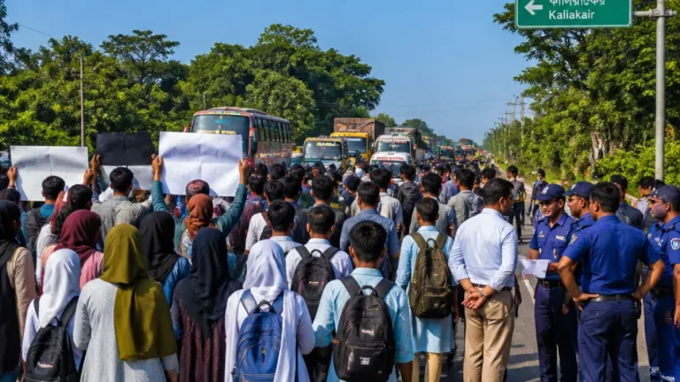 গাজীপুরের মৌচাক: নিরাপদ সড়ক ও ফুটওভার ব্রিজের দাবিতে ঢাকা-টাঙ্গাইল মহাসড়ক দেড় ঘণ্টা বন্ধ