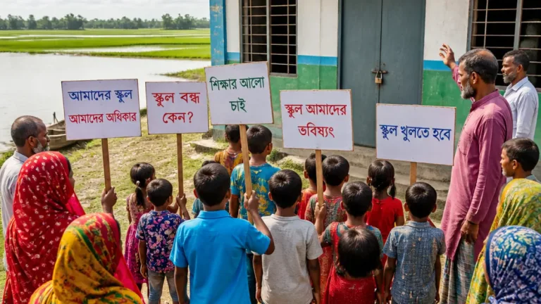 কুড়িগ্রামে চরাঞ্চলের সরকারি প্রাথমিক বিদ্যালয়ে শিক্ষক অনুপস্থিতি: শিশুরা লাঠি হাতে আন্দোলনে