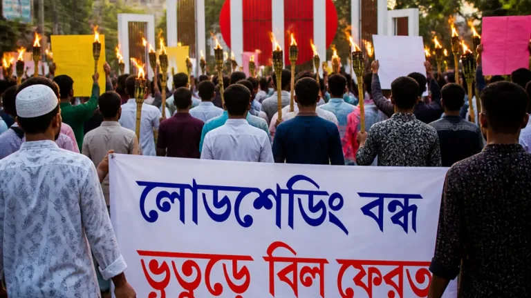 লোডশেডিং ও ভূতুড়ে বিলের প্রতিবাদে বরিশালে হারিকেন মিছিল ও মানববন্ধন