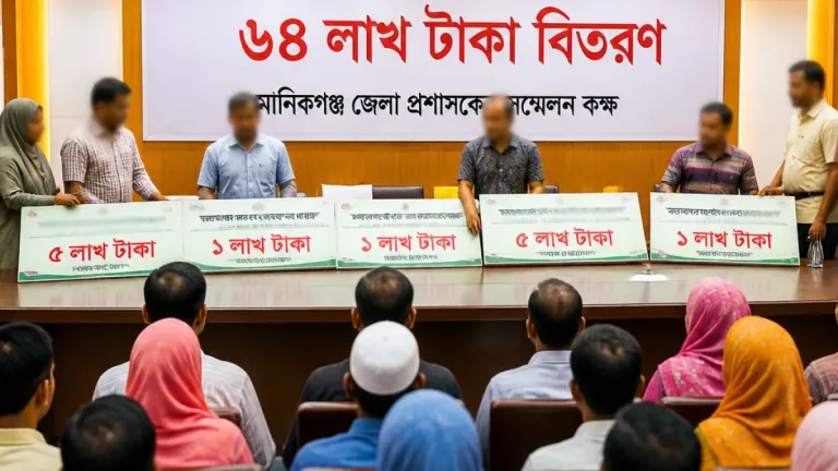 মানিকগঞ্জে সড়ক দুর্ঘটনায় নিহত ও আহতদের মোট ৬৪ লাখ টাকার চেক বিতরণ