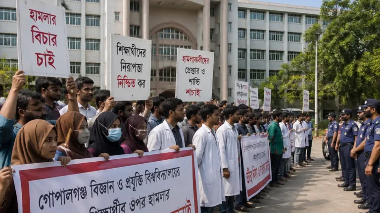 ময়মনসিংহে ভেটেরিনারিয়ানদের ওপর হামলার প্রতিবাদে গোবিপ্রবির শিক্ষক-ছাত্রদের মানববন্ধন