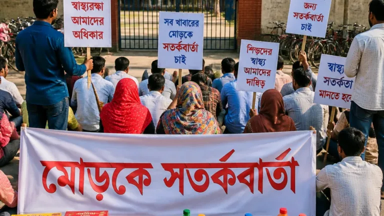 নওগাঁয় প্রক্রিয়াজাত খাদ্যের মোড়কে স্বাস্থ্য সতর্কবার্তা দাবিতে অবস্থান ও আলোচনা