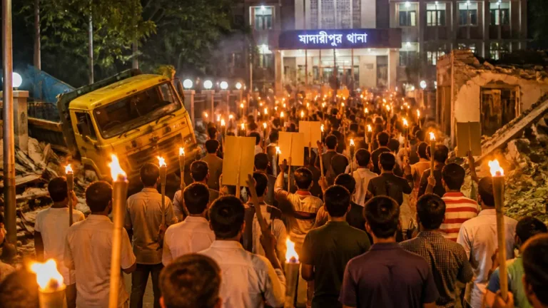 নদীভাঙনে নিঃস্ব শত পরিবার: মাদারীপুরে অবৈধ ড্রেজারের বিরুদ্ধে মশাল মিছিল