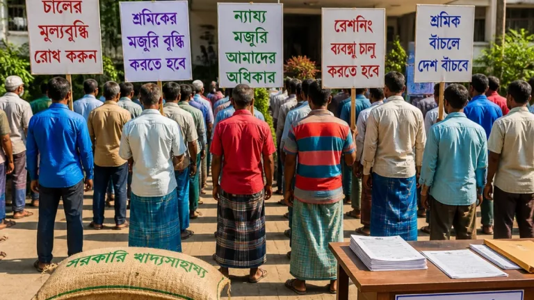 নীলফামারীতে খাদ্য গুদামের শ্রমিকদের মানববন্ধন: সরকারি মজুরি পরিশোধের দাবি