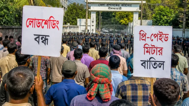 নীলফামারীতে লোডশেডিং ও প্রি-পেইড মিটার বাতিলের দাবিতে শ্রমিকদের বিক্ষোভ