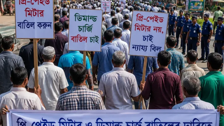 নীলফামারীতে প্রিপেইড মিটার ও ডিমান্ড চার্জ বাতিলের দাবিতে শ্রমিক সংগঠনের বিক্ষোভ ও স্মারকলিপি