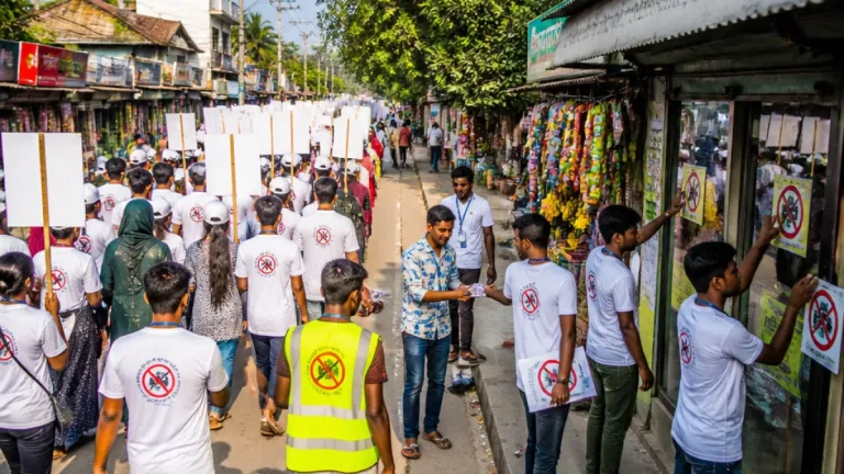 পিরোজপুরে মাদকবিরোধী পদযাত্রা ও স্টিকারিং: শিক্ষার্থী ও ব্যবসায়ীকে লক্ষ্য করে সচেতনতা কর্মসূচি