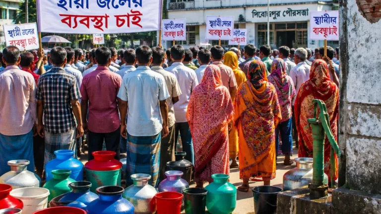 পিরোজপুরে শত শত মানুষ পৌরসভা ঘেরাও করে স্থায়ী পানির সমাধান দাবি করল