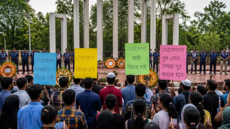 রংপুরের চার হত্যার প্রতিবাদে নেত্রকোনায় মানববন্ধন ও বিক্ষোভ: সংখ্যালঘুদের নিরাপত্তা চাওয়া
