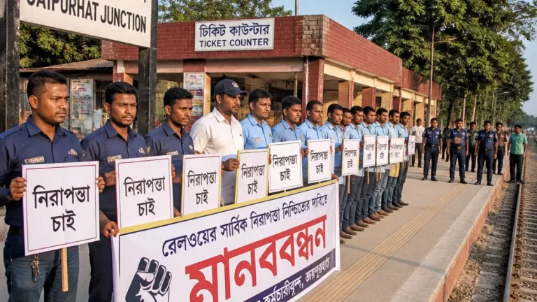 রেলওয়ে কর্মস্থলে নিরাপত্তা দাবি করে জয়পুরহাটে ঘণ্টাব্যাপী মানববন্ধন