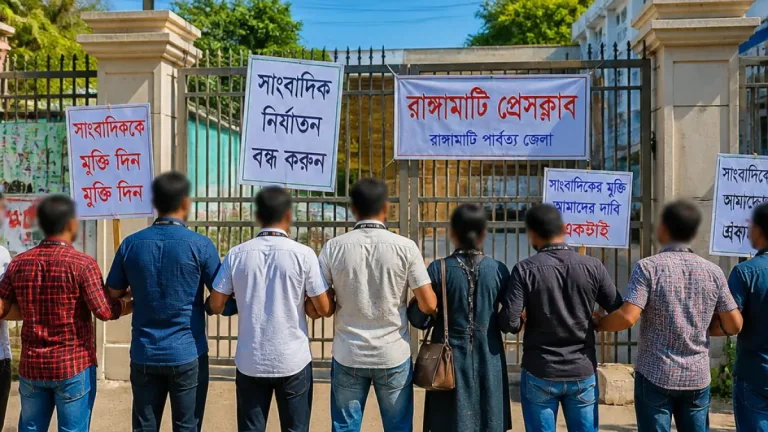 সাংবাদিক সৈকত রঞ্জন মুক্তির দাবিতে রাঙামাটিতে মানববন্ধন