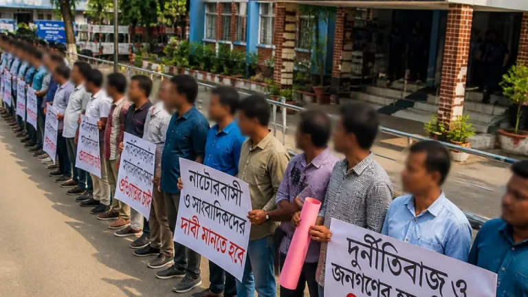 সাংবাদিকদের ওপর হামলার প্রতিবাদে নাটোরে ঘণ্টাব্যাপী মানববন্ধন; দুই ওসিকে প্রত্যাহারের ৭২ ঘণ্টার আল্টিমেটাম