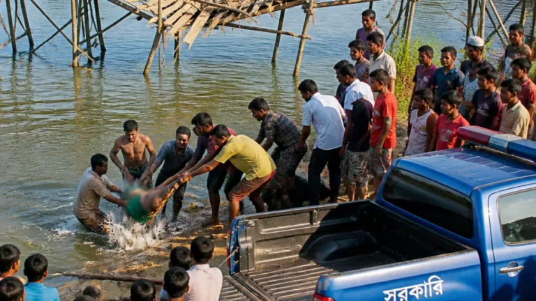 সাংসদের সামনে ঝুঁকিপূর্ণ সাঁকো ভেঙে নাউতারায় জামায়াত নেতাকর্মীরা নদীতে — অন্তত দুই জন আহত