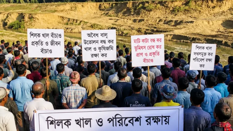 শিলক খাল সংরক্ষণে বান্দরবানে মানববন্ধন: বালু উত্তোলন বন্ধ ও ইজারা বাতিলের দাবি
