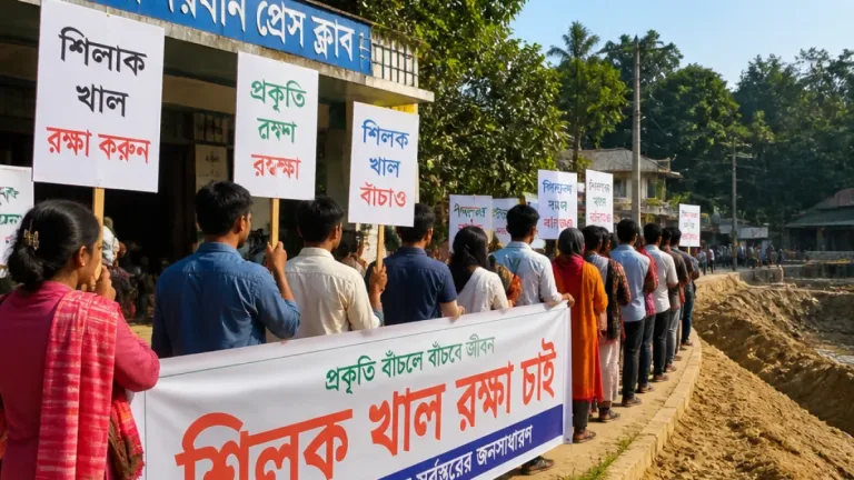 শিলক খালের অবৈধ বালু উত্তোলন রোধের দাবিতে বান্দরবানে মানববন্ধন