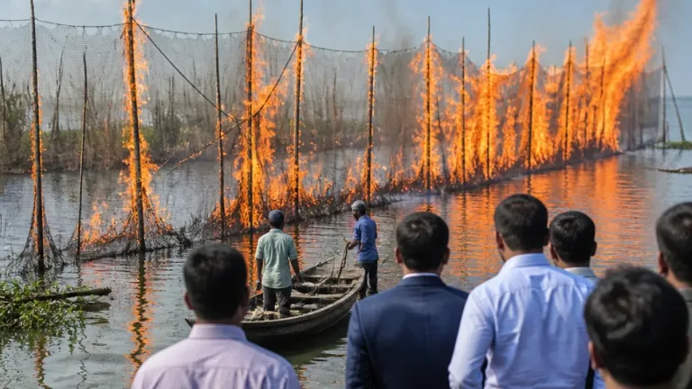 টুঙ্গিপাড়ায় অভিযান: ৪৯টি অবৈধ চায়না দুয়ারী জাল জব্দ করে আগুনে ধ্বংস