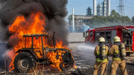 Oupeye : tracteur en flammes près du Trilogiport, 2 500 m² de broussailles touchés