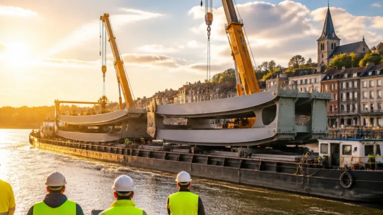 Andenne : des éléments du nouveau pont Capitte quittent la ville en péniche, assemblage prévu à La Louvière
