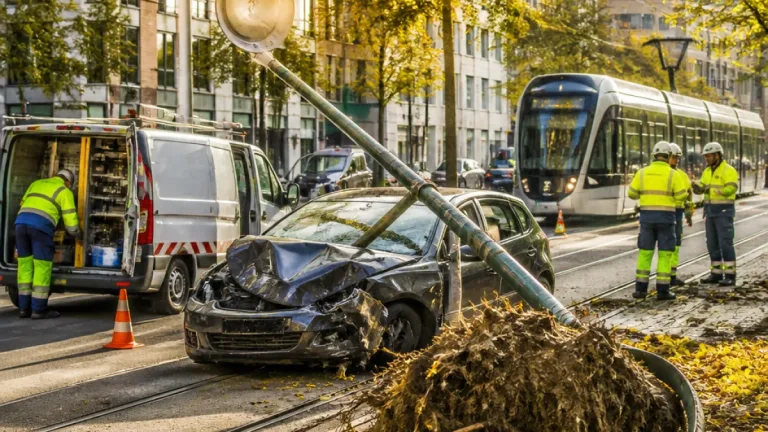 Liège : une voiture encastre un réverbère et déracine un arbre le long du tram