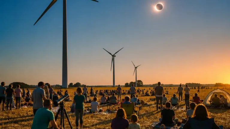 Tournai : plusieurs centaines de personnes ont suivi l’éclipse au pied des éoliennes de Saint‑Maur