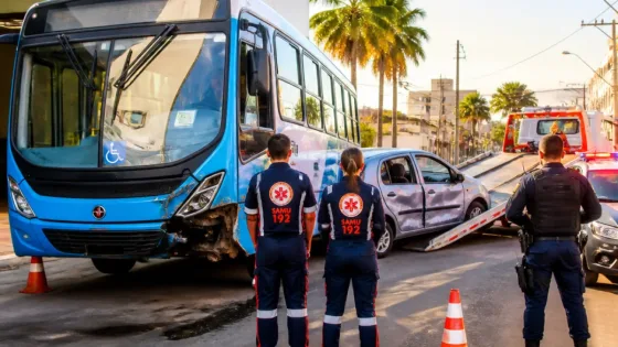 Colisão entre carro e ônibus do Transcol na Serra deixa dois feridos; coletivo estava vazio