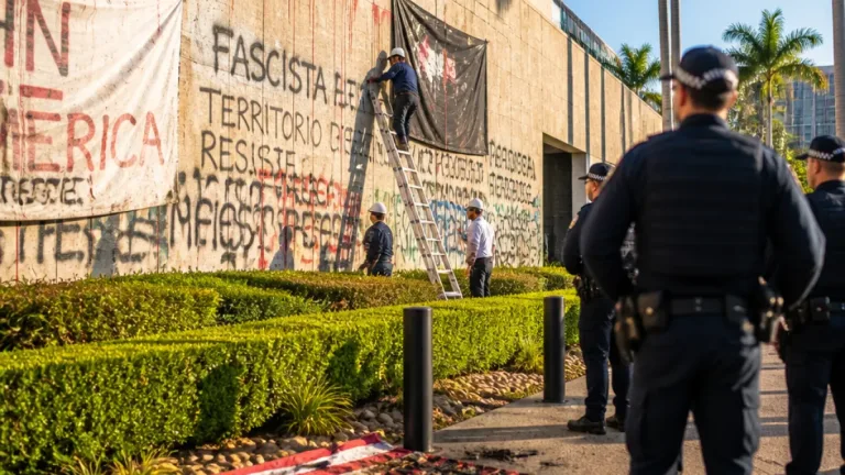 Brasília: Embaixada dos EUA é pichada durante ato reivindicado pelo MST
