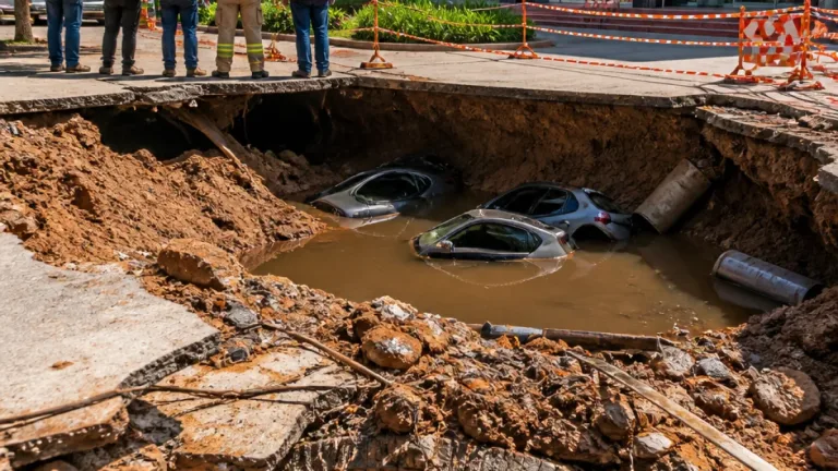Calçada cede em Porto Alegre e engole três carros; perímetro foi isolado