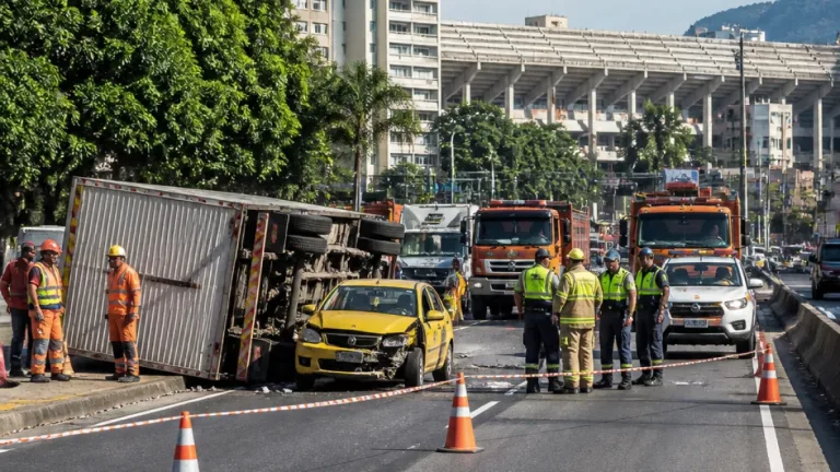 Caminhão tomba e bloqueia faixa no Maracanã, no Rio de Janeiro
