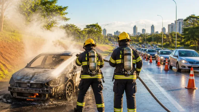 Carro pega fogo na Marginal Botafogo em Goiânia; Corpo de Bombeiros controla incêndio