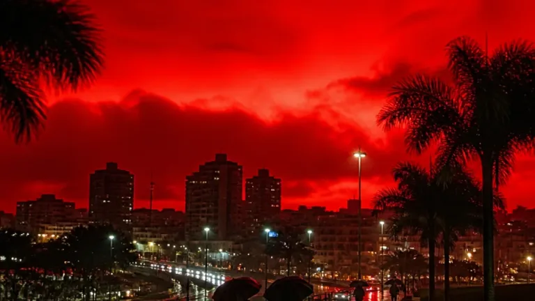 Céu avermelhado em Porto Velho: fumaça e nuvens durante temporal alarmam moradores