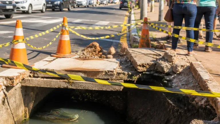 Defesa Civil interdita calçada na Zona Sul de Teresina por risco de queda e presença de jacarés