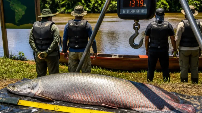 Pirarucu de 2,46 m e 137,9 kg é capturado em manejo na Reserva do Rio Cautario, em Costa Marques
