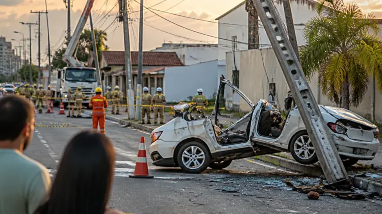 Poste danificado em acidente na Avenida Jerônimo Albuquerque representa risco em São Luís